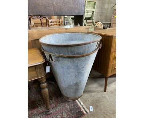 A pair of large vintage galvanised iron handled hoppers, diameter 69cm, height 75cm