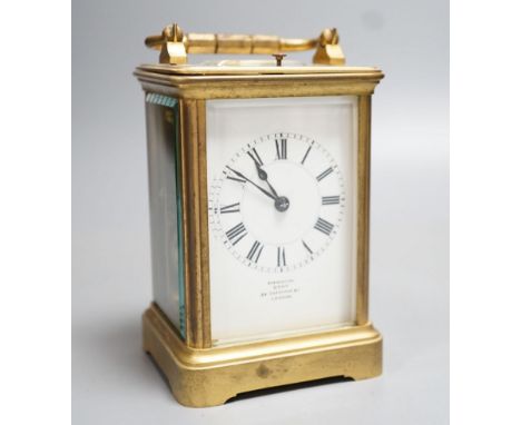 A French gilt brass carriage clock with push repeat, examined by Dent. 13cm (handle down)