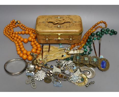 A 19th century calf skin and cut steel mounted trinket box and assorted costume jewellery, including a malachite necklace.