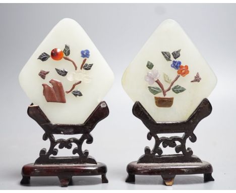 A pair of small bowenite jade and hardstone table screens 12cm