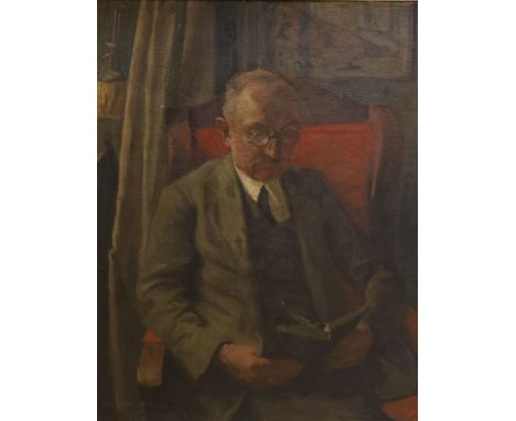 Max Guenther, oil on canvas laid on board, Portrait of a gentleman reading a book, signed and dated 1918, 63 x 49cm