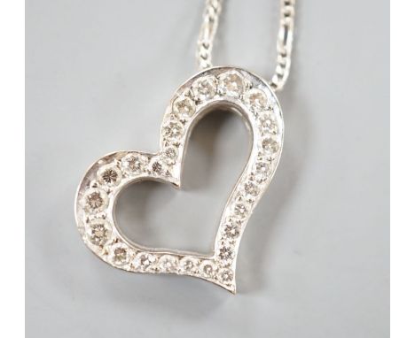 A modern 750 white metal and diamond set openwork heart pendant necklace, pendant width 22mm, chain, 40cm,gross weight 10.7 g