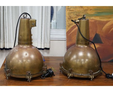 A pair of vintage industrial copper and brass ceiling lights, ex Japanese ship. Height 48cm