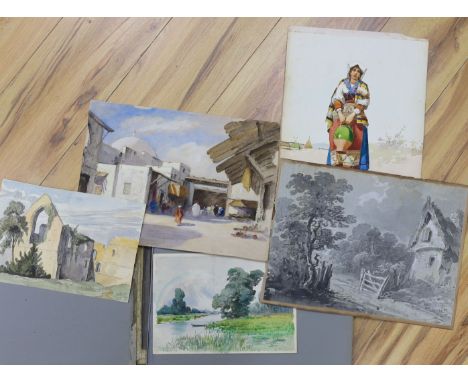 An album of mainly 19th century watercolour landscapes, various artists but including a portrait of an Italian woman monogram