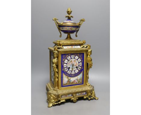 A late 19th century Sevres style porcelain and ormolu mounted mantel clock 42cm