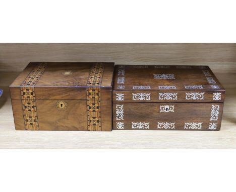 A Victorian rosewood and mother-of-pearl  work-box, 33cm, and a Victorian walnut and parquetry work-box