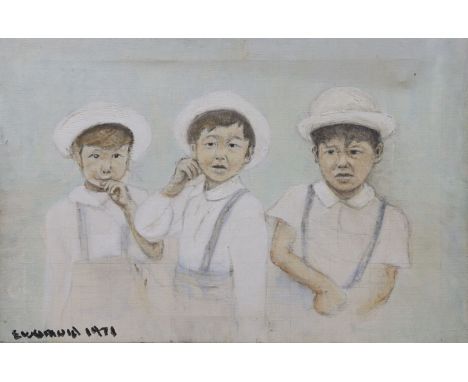 European School, oil on canvas, Triple portrait of Prince Hiro of Japan, signed and dated 1971, 40 x 60cm