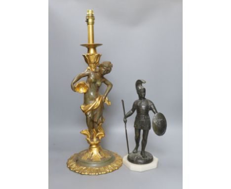 A bronze Roman gladiator and gilt figural lamp - tallest 58cm