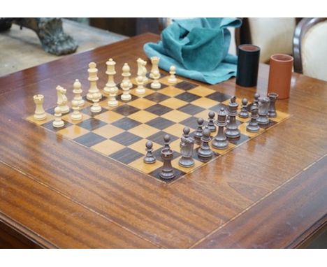 A reproduction square mahogany inlaid games table with chequer board surface, interior with baize and backgammon surfaces, wi