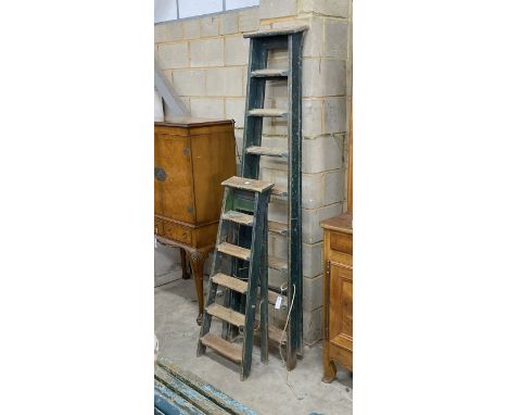Two vintage painted pine step ladders, larger height 201cm