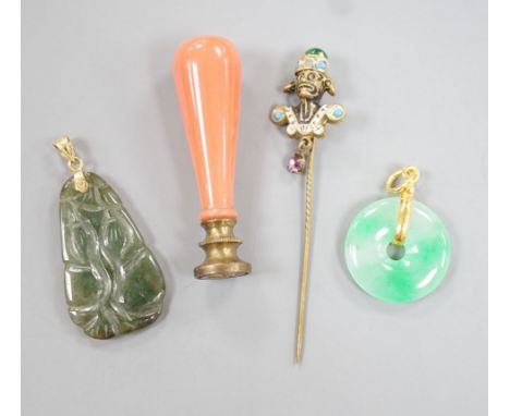 An 18k mounted jade set teardrop shaped pendant, 36mm and three other items of jewellery, including a seal and stick pin.