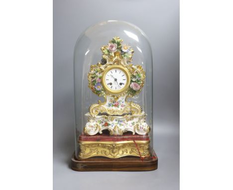 19th century decorative scroll and flowers porcelain mantle clock in domed case - 45cm tall
