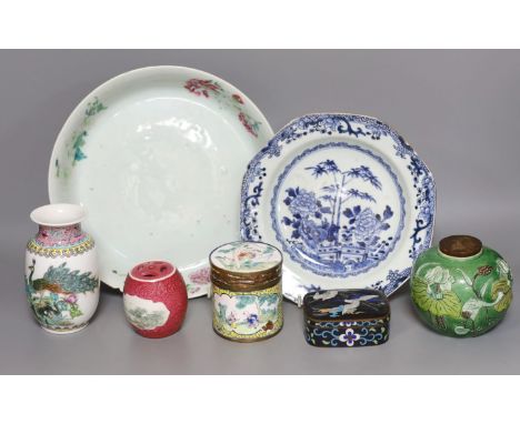 A group of 18th-20th century Chinese porcelain, Canton enamel jar, etc.