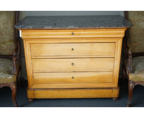 A 19th century French maple marble top commode, width 126cm, depth 61cm, height 96cm