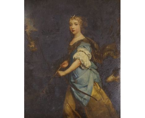 After Peter Lely, overpainted print, Jane Kelleway as Diana holding a bow, 27 x 23cm, in ornate Florentine giltwood frame