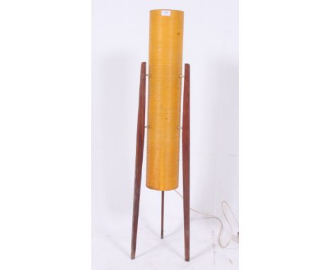 A 1950's teak and fibre glass sputnik / rocket lamp raised on angled teak supports with original shade.  H113cm