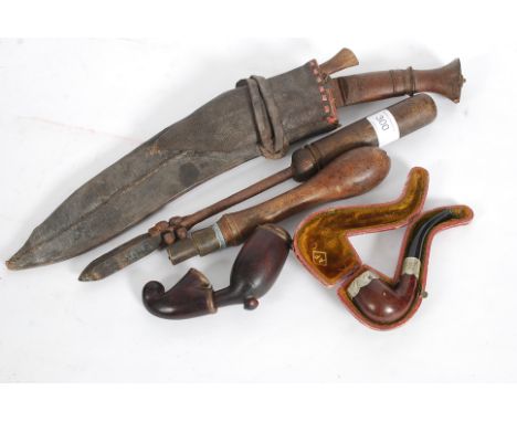 A vintage leather cased EPNS banded pipe together with another pipe and some vintage tools to include a Knife steel and a lar