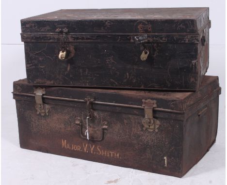 A 19th century military ebonised metal trunk bearing notation for Major Smith together with another bearing painted notation.