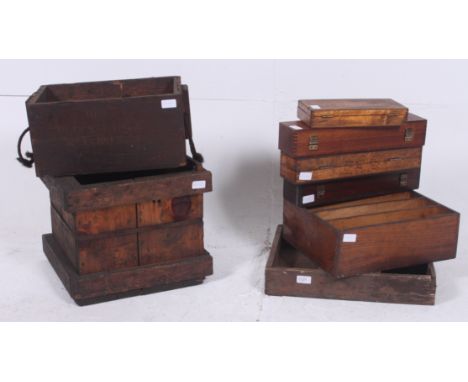 A large collection of vintage wooden boxes to include engineers tool boxes in mahogany, sectional filing cabinets, engineers 