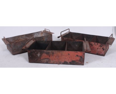 A collection of 3 vintage early 20th century Industrial sheet metal tote trays ex Douglas Motorcycle Factory, Bristol.  H22cm