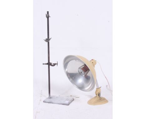 A retro 1950's pedestal head lamp with large shade together with a vintage chemists industrial tripod stand.  H51cm x W33cm