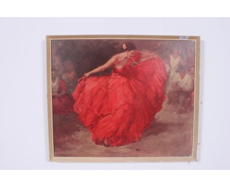 A retro 1950's Spanish framed print of a dancing lady set within white frame.  H50cm x W60cm