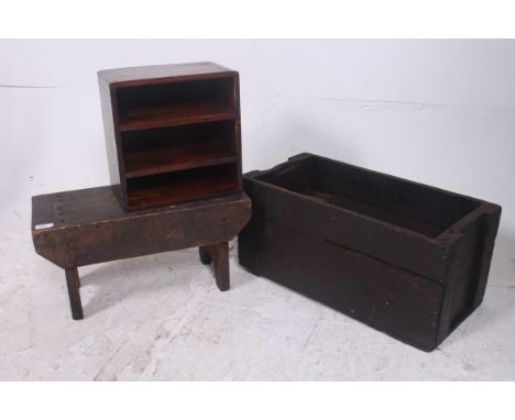 A scratch built workmans vintage stool along with two vintage wooden heavy duty industrial crates.