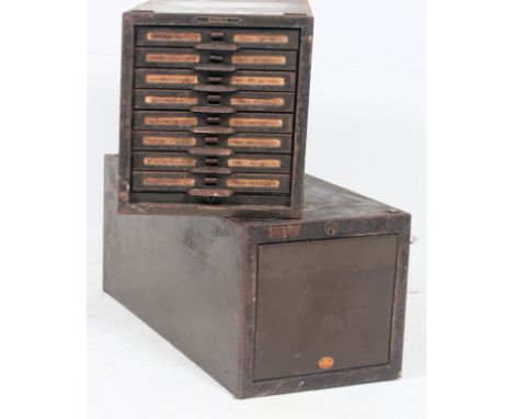 A pair of early 20th century enamel painted metal Industrial filing cabinets by Kardex. Ex Douglas Motorcycle Factory, Bristo
