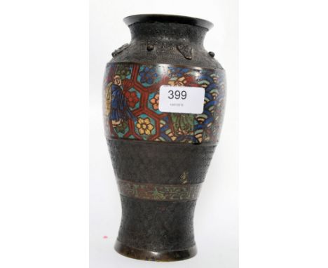 A Chinese 19th century bronze vase hammered in relief having banded centre decorated with geometric enamel painted circles. M