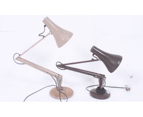 Two retro industrial style Anglepoise Lighting Company lamps, one cream the other brown. H85cm x W19cm