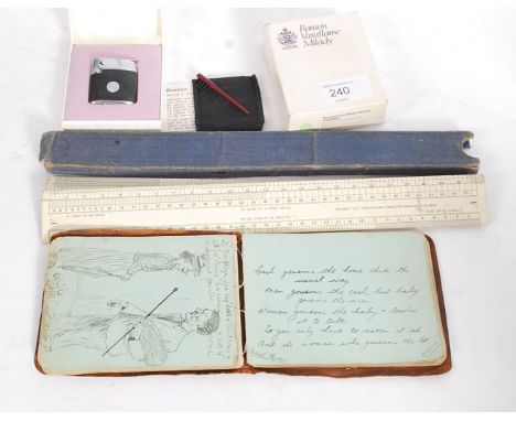 A vintage Lyre Spottiswood draughtsman measure together with a vintage Ronson lighter and an early 20th century autograph boo