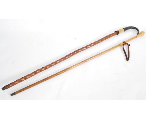 A good blackthorn walking stick with goats foot and horn handle together with another.