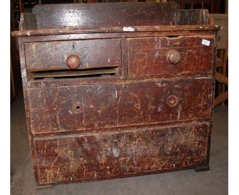 A Victorian pine country gallery top chest of drawers. The 2 over 2 configuration with top having gallery surround