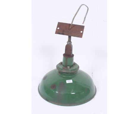 A  1930's green enamel painted Industrial factory pendant lampshade shade complete with attachment head.  H47cm x W41cm
