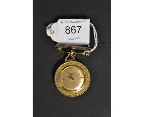 A open faced 18ct gold fob watch incorporating a Swiss gold coin. The dial signed ' Sarcar ' over arabic lettering with baton