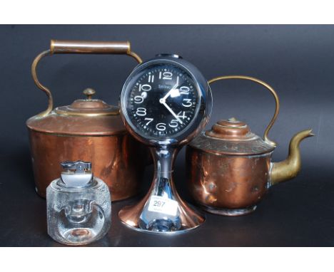 An unusual Nepalese style decanter with top together with copper Victorian kettles, retro alarm clock etc