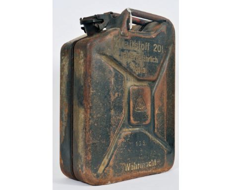 A German WW2 1943 Third Reich Werhmacht Issue 20 Litre Jerry Can, the side panel embossed Kraftsoff 20l with marked centre AB
