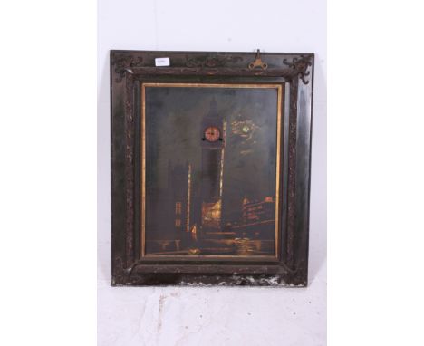 A Nineteenth century picture clock having an oil painting depicting London and the houses of parliament and big ben clock tow