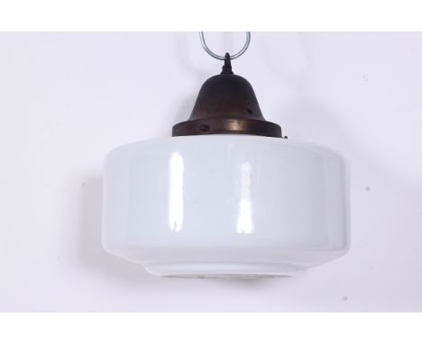 A large mid 20th century church milk glass ceiling light with shade having the original brass fittings.  H33cm  x Diameter 36