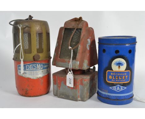 A collection of vintage hanging paraffin burners to include Rechaud Beuet, Desmo etc