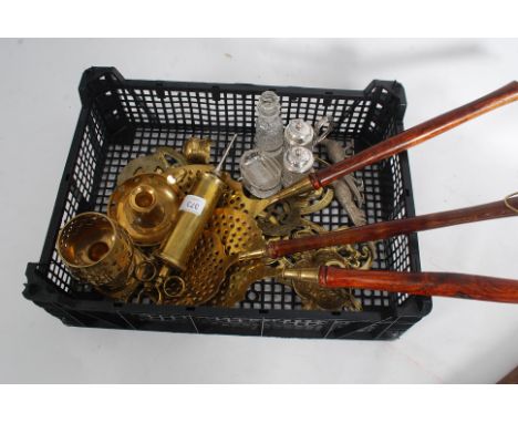 A collection of assorted items (mostly brassware) to include candlestick holder etc, along with white metal topped canisters 