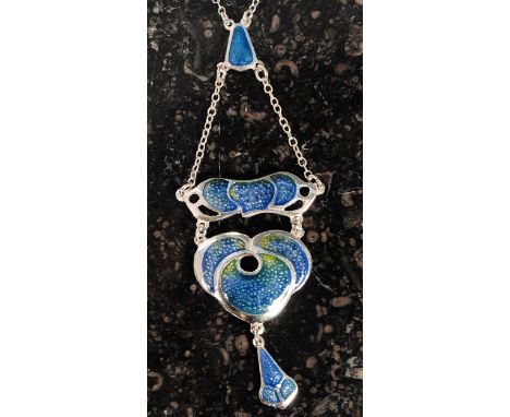 A white metal 925 silver and enamel set Art Nouveau style necklace.  Weight 10.2 grams