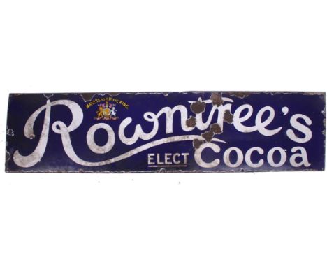 ROWNTREES ENAMEL SIGN ROWNTREES ELECT COCOA white lettering on dark blue, coat of arms, Makers to H.M. King .Measures  155cmx