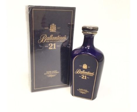 BALLANTINE'S AGED 21 YEARS
Blended Scotch Whisky. 
70cl, 43% volume, in blue ceramic decanter in presentation box with plasti
