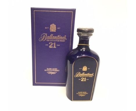BALLANTINE'S AGED 21 YEARS
Blended Scotch Whisky. 
70cl, 43% volume, in blue ceramic decanter in presentation box.  CONDITION