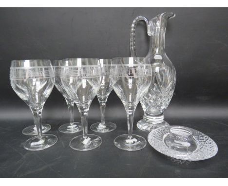 Six Rennie Mackintosh large wine glasses, a crystal glass claret jug and a Orrefors candle holder.