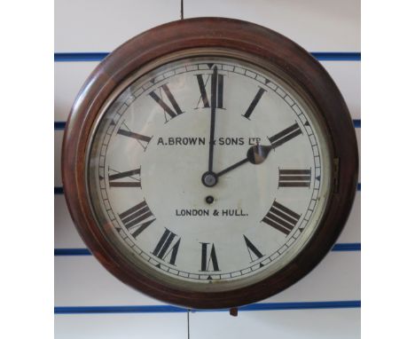 A, Brown and son ltd vintage mahogany circular wall clock in runnung order, 15.5" diameter.