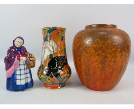 Royal Winton Art deco Java Lustre vase, Richards Ricardia ware vase and a Arcadia china figurine,