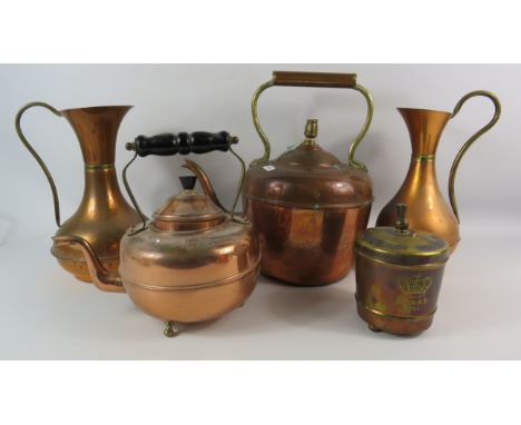 Two copper kettles. Two vases and a tea caddy.