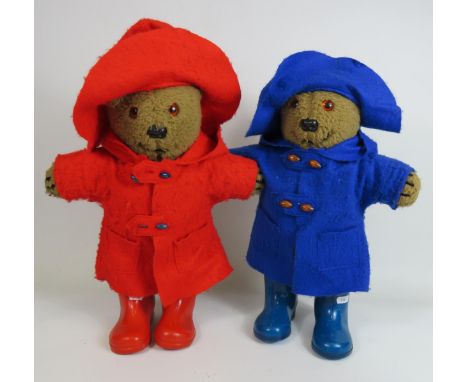 Two vintage teddy bears dressed in raincoats and wearing wellies, approx 18" tall.